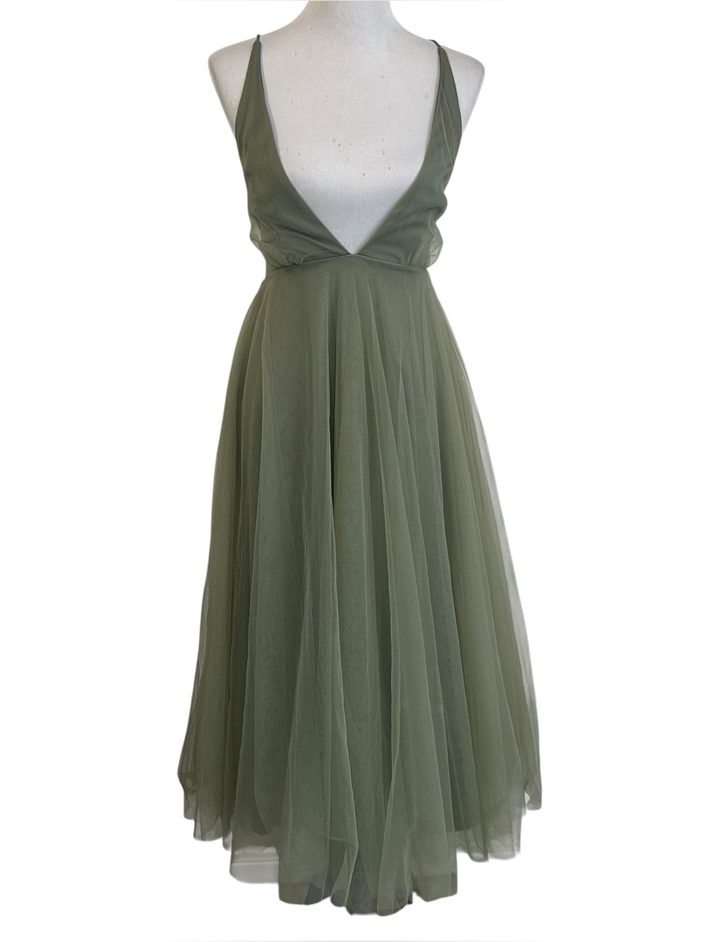 Mable Womens Strappy V Neck Tulle Midi Dress Sz Small Green Sleeveless Fairy